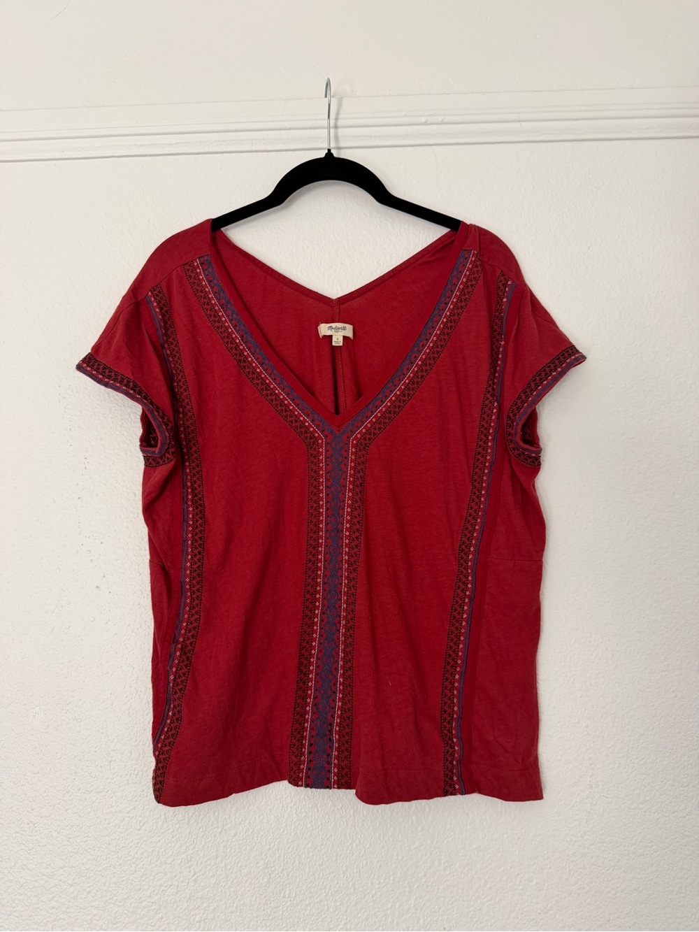 Madewell Red Embroidered V-Neck Women’s Tangier Tee Top - Picture 1 of 5